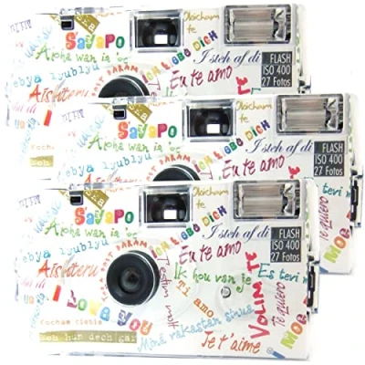 Abbildung von 3X 1A PHOTO PORST Einwegkamera Edition I Mog Di in weiß, bunt, mit Blitz, Batterien und Film (3er Pack, je 27 Aufnahmen)