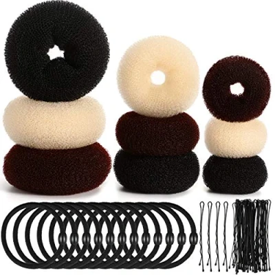 Abbildung von 9 teiliges Donut Haarknoten Set, 12 Stück, mit 32 Haarnadeln (schwarz, braun, beige)