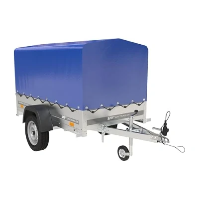 Abbildung von UNITRAILER Anhänger Garden Trailer 200 Kipp, Ladefläche: 200x106 cm, Max. Zulässiges Gesamtgewicht 750 kg Auto mit Hochspriegel, Blauer Anhängerplane Hochplane und Stützrad