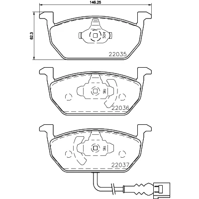 Abbildung von HELLA 8DB 355 021 951 Bremsbelagsatz mit integriertem Verschleißwarnkontakt SKODA: Octavia 3 Schrägheck, Combi, SEAT: Leon III ST
