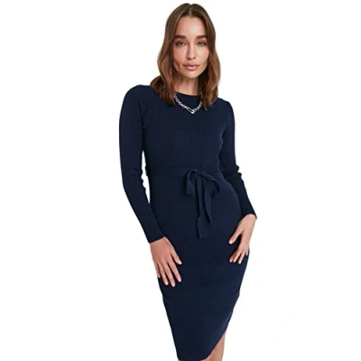 Abbildung von Trendyol Damen Woman Midi Bodycon Crew Neck Knitwear Dress, Marineblau, S EU
