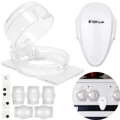 Abbildung von Herd Kindersicherung Set, 6 Pack Knopfabdeckung, 1 Backofentür in Weiss, für max. Ø 4,9 cm und 4 hohe Herdknöpfe mit min. 6,1 Abstand Mitte Mitte, Herdschutz Tür Knopf