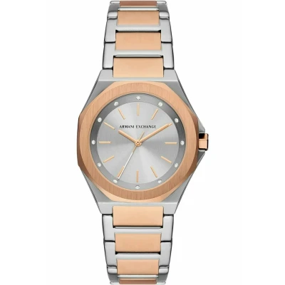 Abbildung von Armani Exchange Damenuhr quarz/3 Zeiger Uhrwerk 34mm Gehäusegröße mit einem Edelstahlarmband AX4607