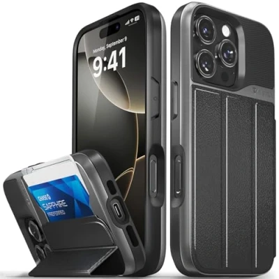 Abbildung von VENA vCommute Schutzhülle für iPhone 16 Pro, Fallschutz in Militärqualität, Klapphülle aus Leder, Kartenhalter mit Ständer, Schwarz