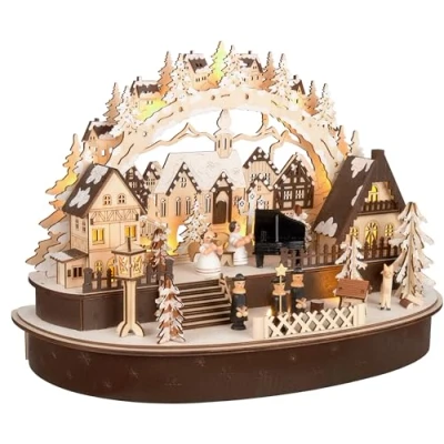 Abbildung von BRUBAKER 3D Lichterbogen LED Schwibbogen Das große Konzert im Weihnachtsdorf 2024 Weihnachtsbeleuchtung aus Holz Natur 31 x 45 22 cm Handbemalte Weihnachtsdeko für Tisch &amp; Fensterbank