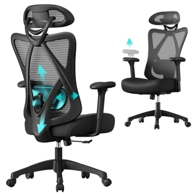 Abbildung von SONGMICS Bürostuhl, 2er Set, ergonomischer Schreibtischstuhl, Computerstuhl, Netzstuhl, verstellbare Lendenstütze und Kopfstütze, bis 150 kg belastbar, höhenverstellbar, schwarz OBN063B01 2