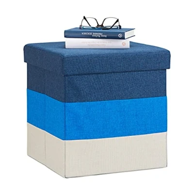 Abbildung von Relaxdays Polster Hocker mit Stauraum, gestreifter Sitzhocker, faltbarer Polsterhocker HBT: 38 x cm, blau weiß