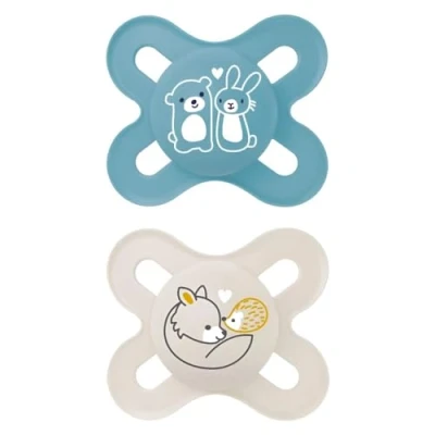 Abbildung von MAM Original Start Schnuller für Neugeborene im 2er Set Größe 0 2 Monate, Sauger aus SkinSoft Silikon, bio rund, mit Schnullertasche, blau
