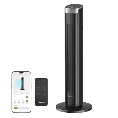 Abbildung von Pureborne 91CM Leiser Ventilator, 90 Oszillation Turmventilator, Standventilator mit Fernbedienung &amp; WLAN, 4 Stufen Modi, 12H Timer Turmventilatoren für Schlafzimmer, Schwarz