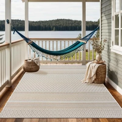 Abbildung von the carpet Calgary robuster Teppich, Flachgewebe, modernes Design, ideal für Wohnzimmer, Esszimmer und Außenbereich, In Outdoor, Vintage Optik, Boho Style, Beige Gelb, 80 x 150 cm