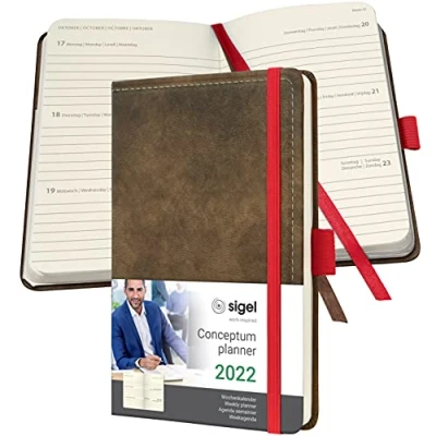 Abbildung von SIGEL C2256 Terminplaner Wochenkalender 2022 Vintage Design Lederoptik ca. A6 braun Hardcover 176 Seiten Gummiband, Stiftschlaufe, Archivtasche PEFC zertifiziert Conceptum