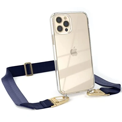 Abbildung von EAZY CASE Hülle mit Band kompatibel iPhone 12/12 Pro Handyhülle Umhängeband für Silikonhülle Transparent Schutzhülle Handykette zum Umhängen Handykordel in Blau Gold
