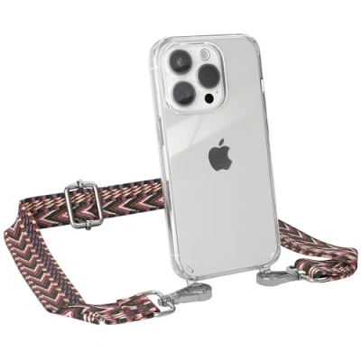 Abbildung von EAZY CASE Handykette mit verstellbarem Trageriemen für iPhone 15 Pro Taschengurt zum Wechseln transparenter Handyhülle Hülle dünner Schulterriemen in Beere Pink Silber
