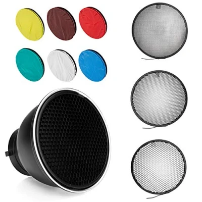Abbildung von 7 Zoll 18 cm Bowens Mount Standard Reflektor Diffusor Mit Wabengitter 6 Farben Weichlichttuch für lamp (Standard reflektierend + 10 / 30 50 Gitter)
