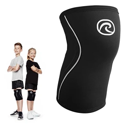 Abbildung von Rehband Kniebandage Kinder aus 5mm SBR/Neopren, Bandage Knie für Mädchen &amp; Jungs, Kompressions Sport: Fußball, Tennis oder Laufen, Farbe:Schwarz 1 Paar, Größe:M
