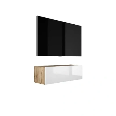 Abbildung von Hängendes TV Schrank (B: 100 cm, H: 34 T: 32 cm) in Wotan Eiche &amp; Weiß Hochglanz