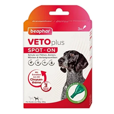 Abbildung von BEAPHAR VETOplus Spot ON Für Hunde Zwischen 15 30kg Repellent Gegen Flöhe, Zecken, Mücken Und Herbstgrasmilben Sofortige Wirkung Schützt Bis Zu 12 Wochen 3 Pipetten Je 2ml