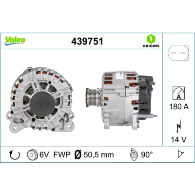 Abbildung von VALEO 439751 Lichtmaschine 14V 180A VOLKSWAGEN: Multivan 6, Transporter 5 Bus, Kastenwagen, SKODA: Superb II Kombi, Schrägheck