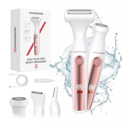 Abbildung von MAXGROOM Intimrasierer für Frauen,4 in 1 Elektrischer Körperrasierer Damen,Nass Trocken Bikini Trimmer,Körperhaartrimmer Augenbrauen,Gesicht, Intimbereich,Akku Elektrorasierer mit LED