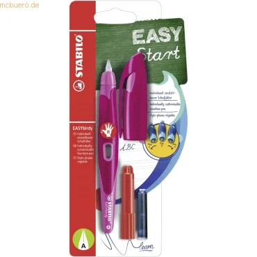 Abbildung von Ergonomischer Schulfüller für Rechtshänder mit Anfänger Feder A STABILO EASYbirdy in beere/pink inkl. Patrone und Einstellwerkzeug blau (löschbar)
