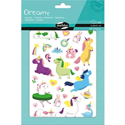 Abbildung von Maildor AE231C Packung mit 6 Bögen Stickers Dreamy in Format DIN A5, 14, 8 x 21cm, ideal für Kinder ab 2 Jahren, Einhorn, 1 Pack