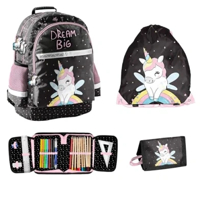 Abbildung von PASO Schulranzen 4 TEILE SET: RUCKSACK, TURNBEUTEL, FEDERTASCHE, PORTEMONNAIE EINHORN