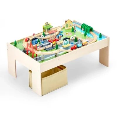 Abbildung von VEVOR Holz Aktivitätstisch 84 teilig 3 in 1 Eisenbahnset Kinder ab Jahren