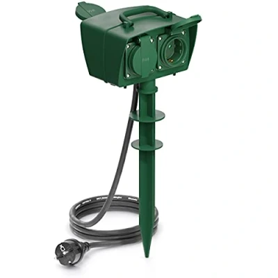Abbildung von deleyCON 4 Fach Outdoor Steckdose mit Erdspieß Stromverteiler Außenbereich 4X Schutzkontakt Buchse Kindersicherung IP44 Spritzwassergeschützt Witterungsbeständig Garten Terrasse Beet 1,4m Kabel