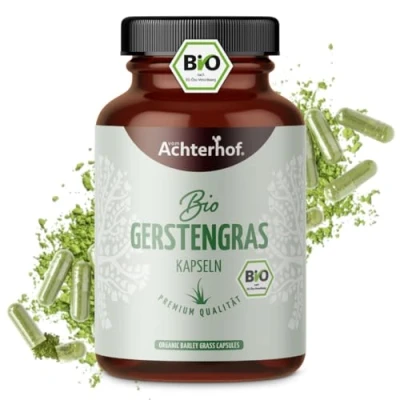 Abbildung von Gerstengras Kapseln Bio 180 Stück 3000mg je Tagesdosis fein gemahlenes im Kapsel Format aus kontrolliert biologischem Anbau ohne Zusätze vegane Kapselhülle vom Achterhof