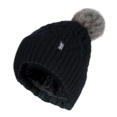 Abbildung von HEAT HOLDERS Damen Warm Strickmütze Gefüttert Beanie mit Bommel und Fleecefutter (One Size, Black (Solna))