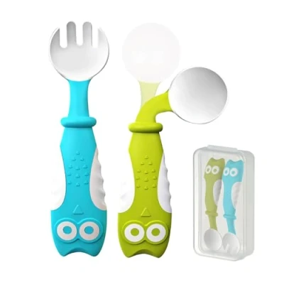 Abbildung von Kinderbesteck Baby Besteck Set mit Gabel und Löffel Ergonomische Kunststoffgriffe Breilöffel Babylöffel zum Selber Essen Inklusive Aufbewahrungsbox Beikost Zubehör