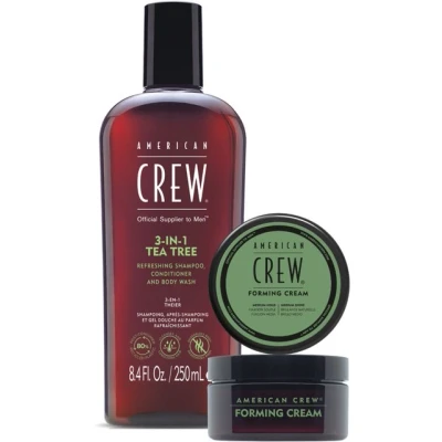Abbildung von AMERICAN CREW Duo Set mit 3 in 1 Tea Tree Shampoo, Conditioner &amp; Body Wash (250ml) + Forming Cream (50g), Haar Körperpflege für Männer, Geschenk