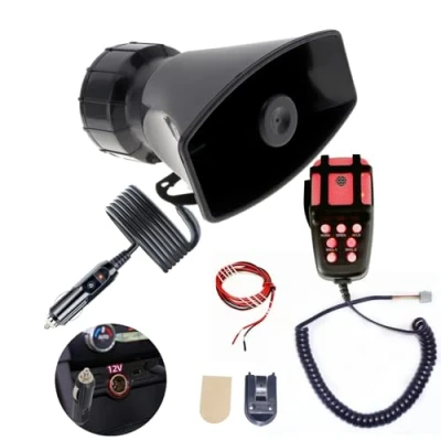 Abbildung von YIYIDA Autohupe Sirene Horn 7 Töne rotes Licht und schwarzes Anschluss Auto Zigarettenanzünder 135db Lufthorn Notfall Sound Verstärker mit Mic PA System Alarmhorn für 12V LKW Schiff etc