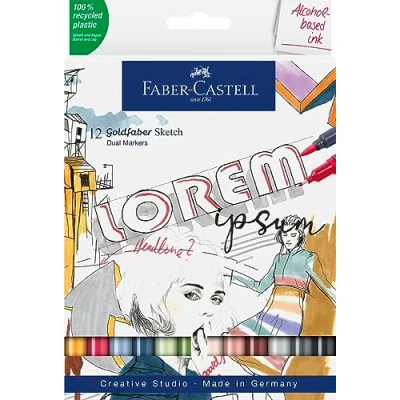 Abbildung von Faber Castell 164712 Goldfaber Sketch Marker Stifte Set, Alkohol Twin Stift für Comics Manga Kalligraphieren Zeichnen, 12er Etui Alcohol mit Brush Spitze und Fineliner