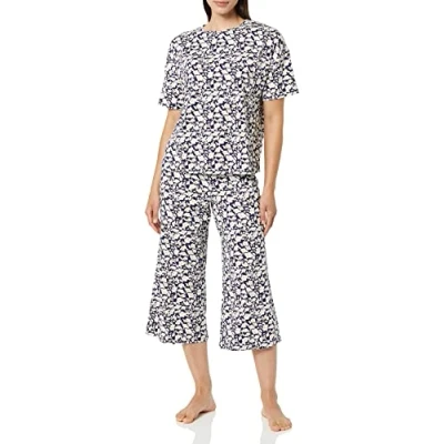 Abbildung von Amazon Essentials Damen Schlafanzug aus Strickjersey (in Übergröße erhältlich), Marineblau Silhouette mit Blumen, XXS