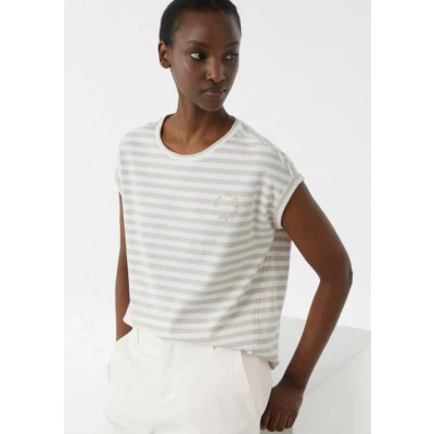Abbildung von comma casual identity Gestreiftes MIT ÜBERSCHNITTENEN Schultern UND Detail Tshirt print, Damen, Größe: 34, Wollweiß