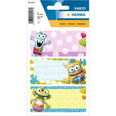 Abbildung von HERMA 5513 Buchetiketten zum Beschriften Kleine Monster, 9 Stück, 76 x 35 mm, selbstklebend, liniert, Buchaufkleber für Schule Kinder Mädchen Jungen, mehrfarbige Heftetiketten Aufkleber, bunt
