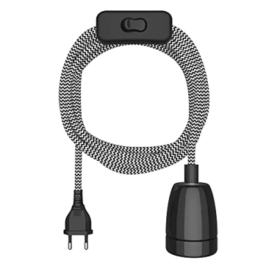 Abbildung von ledscom.de Textilkabel LEHA II, Stecker, Schalter, schwarz, weiß, gezackt, 3 m, Porzellan Fassung, 1x E27 max. 300W, Kabel, Lampenkabel, Kabellampe, E27, Seil, Pendelleuchte