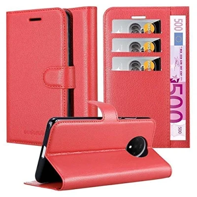 Abbildung von Cadorabo Hülle kompatibel mit OnePlus 7T Handyhülle aus Premium Kunst Leder Flip Klappbare Stoßfeste Magnetische [Standfunktion] [Kartenfächern] Cover für Tasche in Rot