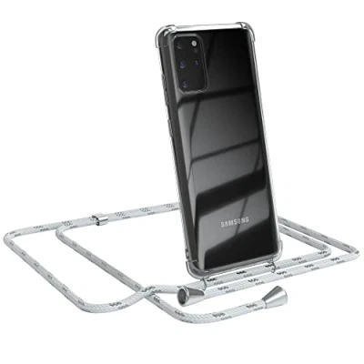 Abbildung von EAZY CASE Handykette kompatibel mit Samsung Galaxy S20 Plus / 5G Handyhülle Umhängeband, Handykordel Schutzhülle, Silikonhülle, Hülle Band, Stylische Kette, Weiß/Silber