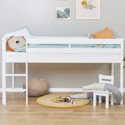 Abbildung von Hoppekids ECO Comfort Hochbett 90x200 mit Lattenrost und Kaltschaummatratze Weiß Das Nordische Umweltzeichen TÜV Zertifiziert FSC® zertifiziertes massives Kiefernholz
