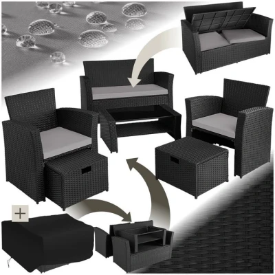 Abbildung von tectake Polyrattan Garten Sitzgruppe für 4 Personen mit Hocker, Rattan Gartenmöbel Set eingebauter Auflagenbox in der Sitzbank, und Balkon Möbel schwarz/grau