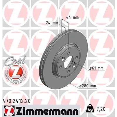 Abbildung von ZIMMERMANN 470.2412.20 Bremsscheibe 280 24 6/4 4 100 außenbelüftet beschichtet RENAULT: CLIO 3, SCENIC 2, TWINGO 2