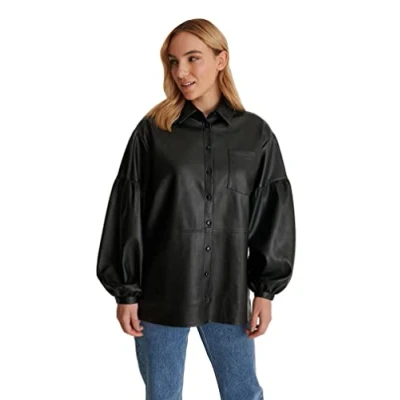 Abbildung von NA KD Damen Oversized Puff Sleeve Pu Shirt Hemd, Schwarz, 40 EU