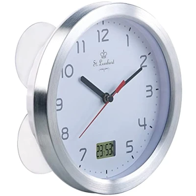 Abbildung von St. Leonhard Funkwanduhr: Badezimmer Funk Wanduhr mit Thermo und Hygrometer, Alu Rahmen, Weiß (Funkuhr Bad, Uhr, Digital analog)