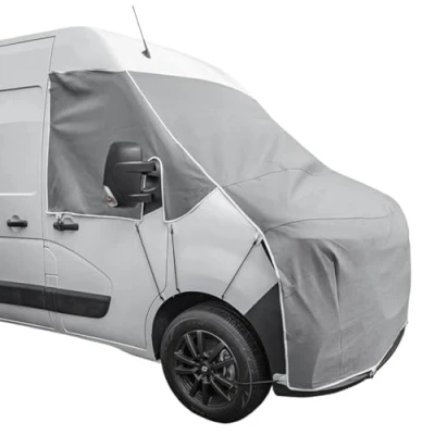 Abbildung von Frontscheiben Abdeckung kompatibel für Verschiedene Marken Abdeckplane Wohnwagen mit UV Schutz 160 GSM Vliesstoff, Spiegelschlitzen &amp; Spanngurten (Kompatibel Renault Master ab 04 2010)