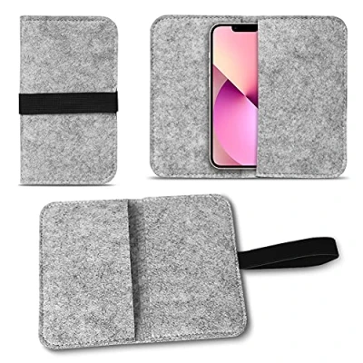 Abbildung von Filz Hülle kompatibel für Apple iPhone 13 Mini Handy Cover Tasche Case Flip Filztasche Kartenfach mit Straffen Gummiband, Farben:Hell Grau