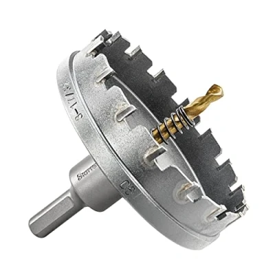 Abbildung von Starrett Hartmetall bestückte Lochsäge SM90 Blechschneider mit Aufnahme und Zentrierbohrer zum Bohren von Edelstahl Aluminiumlegierungen 90 mm