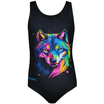 Abbildung von Aquarti Mädchen Badeanzug mit Ringerrücken Print, Farbe: Wolf/Schwarz, Größe: 140
