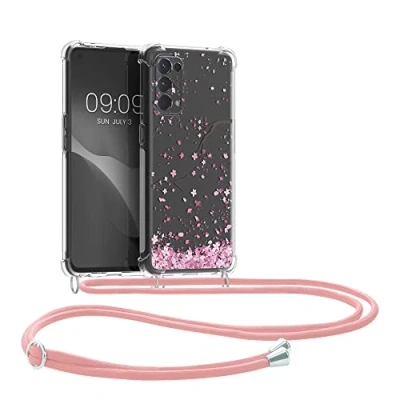 Abbildung von kwmobile Necklace Case kompatibel mit Oppo Find X3 Lite Hülle Silikon Cover Handykette Rosa Dunkelbraun Transparent Kirschblütenblätter
